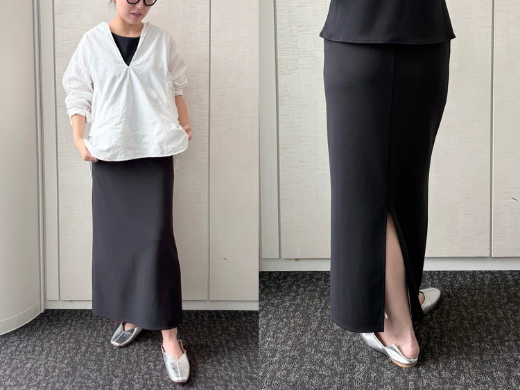 【UNIQLO（ユニクロ）】新作の「クレープジャージーナロースカート」をライターが試着レビュー！スッキリシルエットなのに疲れにくい楽ちんスカート #BAILA読む試着室