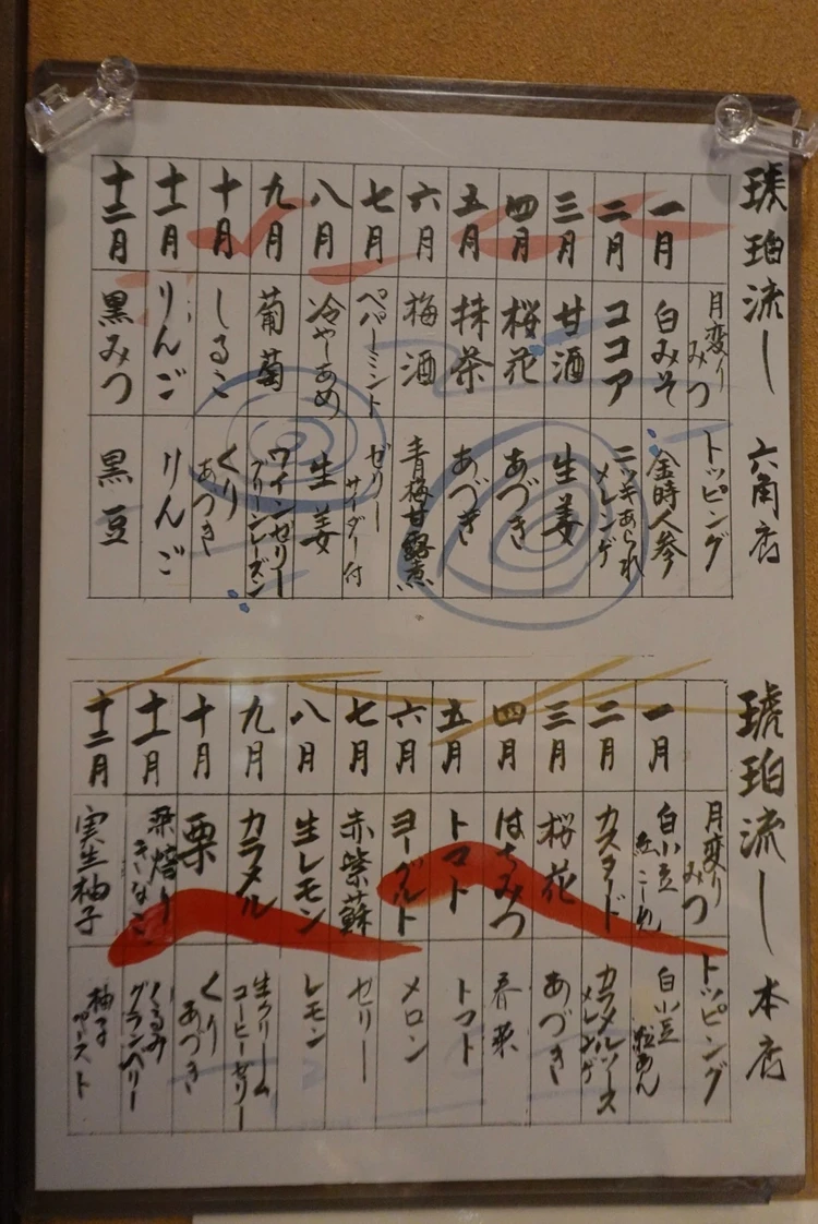 琥珀流しの月替わりメニュー表