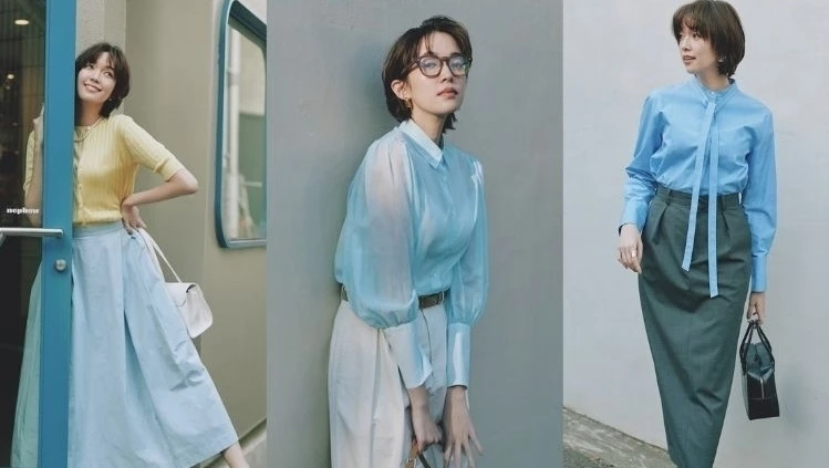 今季の旬色「サックスブルー」で平日も休日も映え確定♡ フェミニンブラウス、フレアスカートコーデ3選