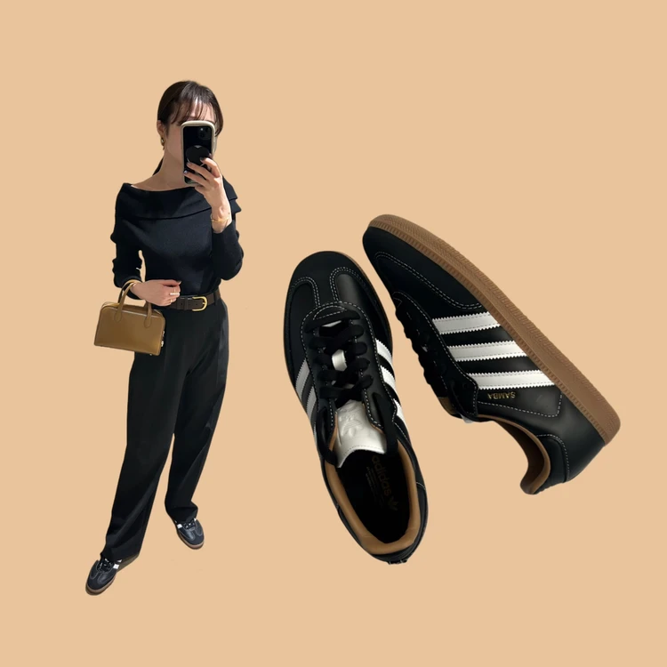adidas SAMBA OG FOR ADAM ET ROPE’ をブラックコーデできれいめに合わせた薄底スニーカーコーデ