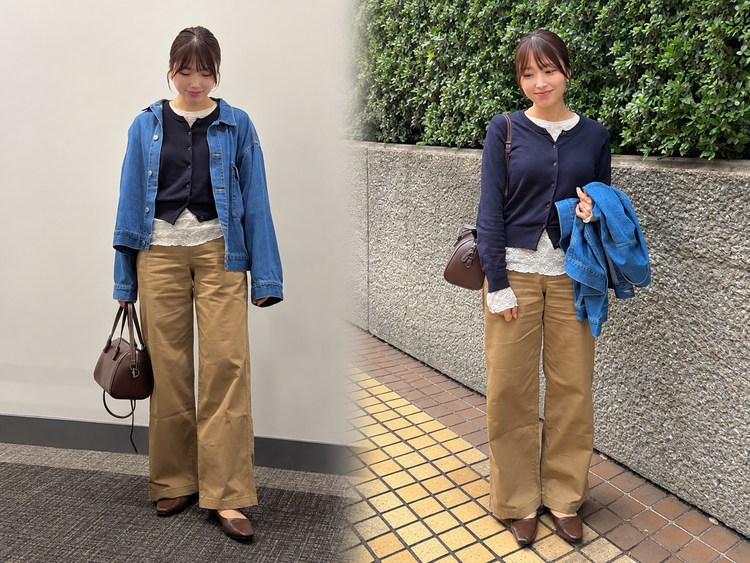 H&Mのネイビーカーディガンに白のレーストップスを重ねた秋の着回しコーデ。左はデニムジャケットを羽織ったスタイル、右はジャケットを脱いでレースを見せたスタイルの比較写真。