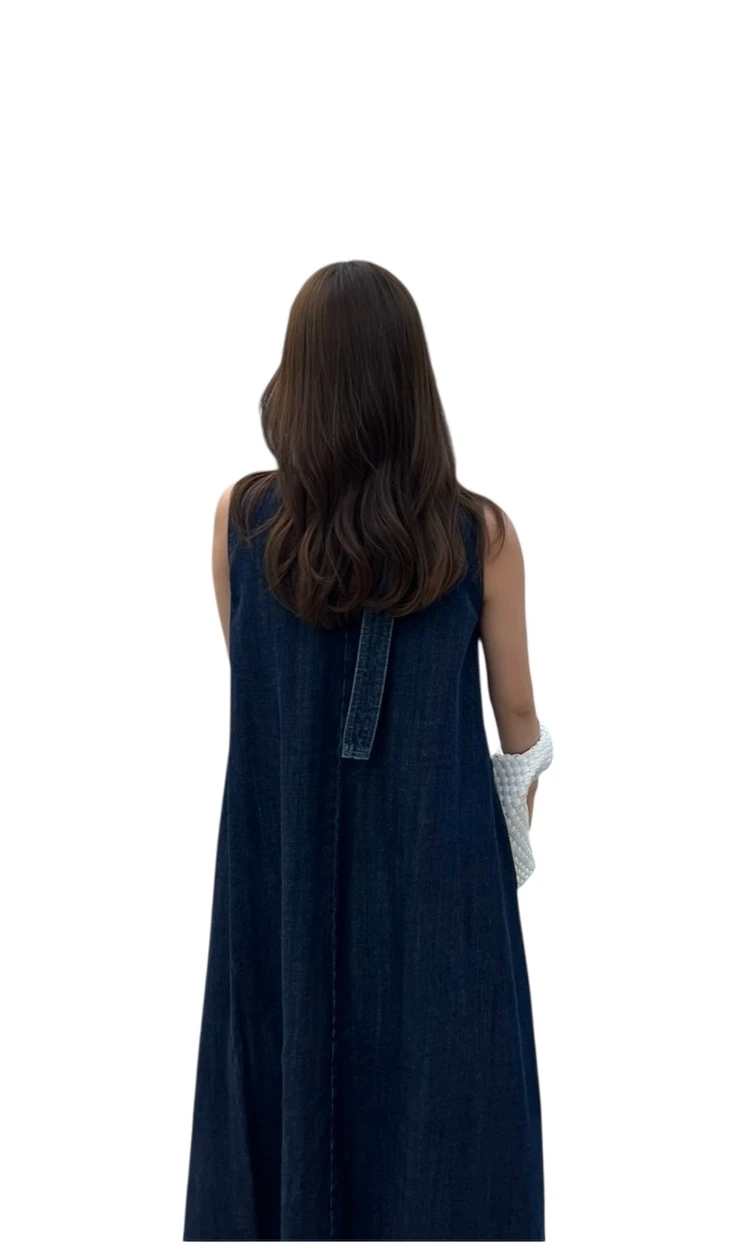 デニムワンピース、デニムノースリーブワンピ、デニムAラインワンピース、アニュアンス、アニュアンスデニム、