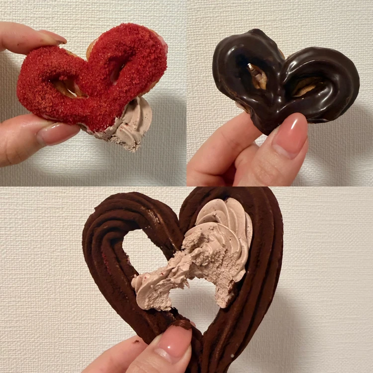 ミスド×ゴディバ「トリオハート」に乗った、ココア・ストロベリー・チョコの3種類のハート型チュロの接写コラージュ画像。