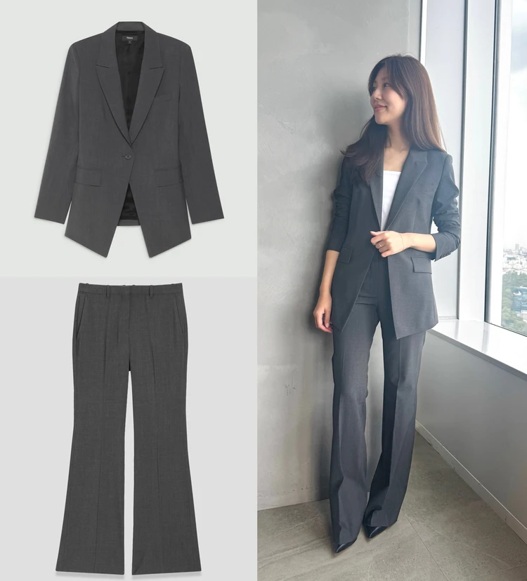 セオリー ノーカラージャケット フレアパンツ セットアップ　LANAI 黒 楽天市場】パンツスーツ セットアップ 全3色 2点セット 黒 紺