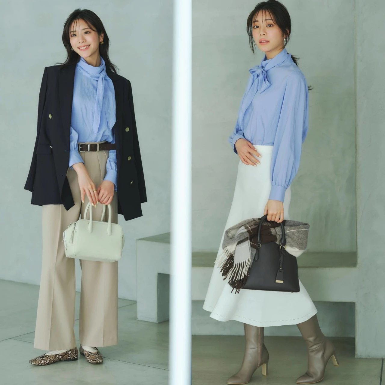 【優秀通勤ワードローブ・名品ブラウス】キーワードは親しみやすさと好感度。部下をまとめるチームリーダーと目上の方と多く接する秘書でコーディネート比較