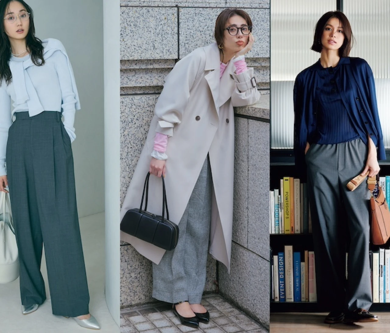 【30代の「グレーのワイドパンツ」通勤コーデ5選】ハンサムなグレーのワイドパンツがいつものオフィスルックを格上げ♪