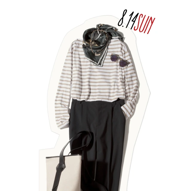 パール&スカーフの首もと秋盛りで 休日も楽しておしゃれを楽しむ!