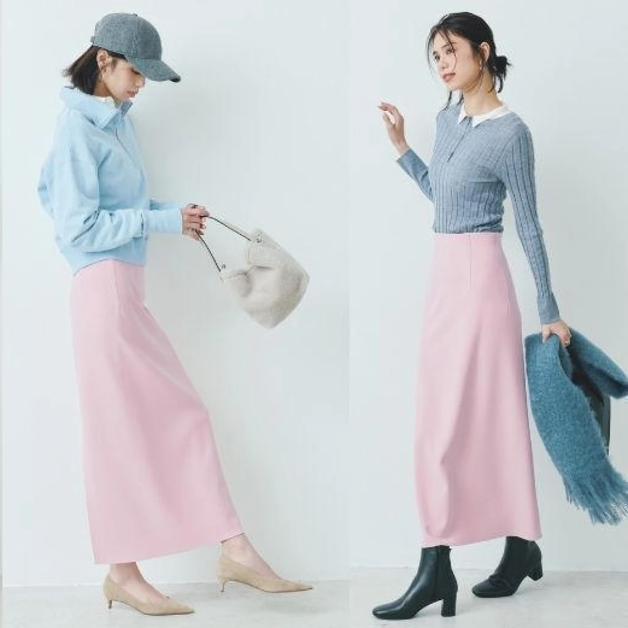 【パウダーピンクのスカート着回し3コーデ】ベージュ感覚ではける大人の品格ピンクで冬服のマンネリ打破