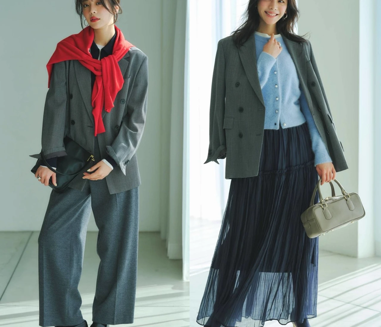 【優秀通勤ワードローブ・名品ジャケット】あなたはどっち派？　大人フェミニン派と華やぎトラッド派のコーディネート比較