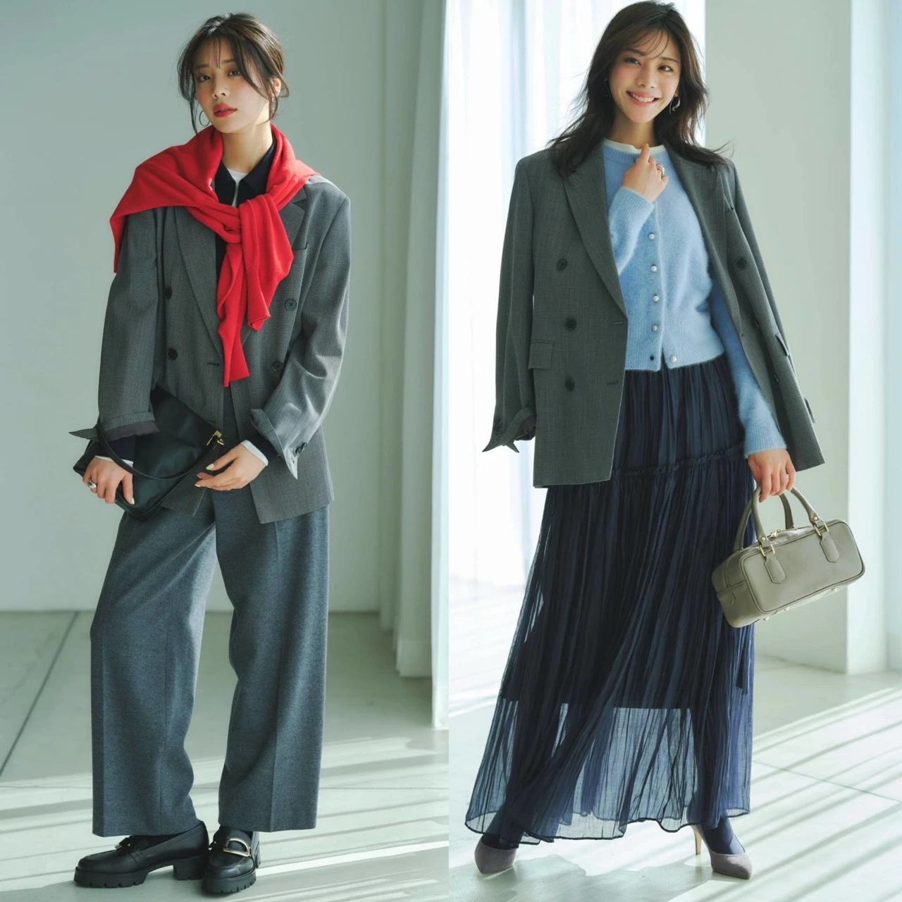 【優秀通勤ワードローブ・名品ジャケット】あなたはどっち派？　大人フェミニン派と華やぎトラッド派のコーディネート比較