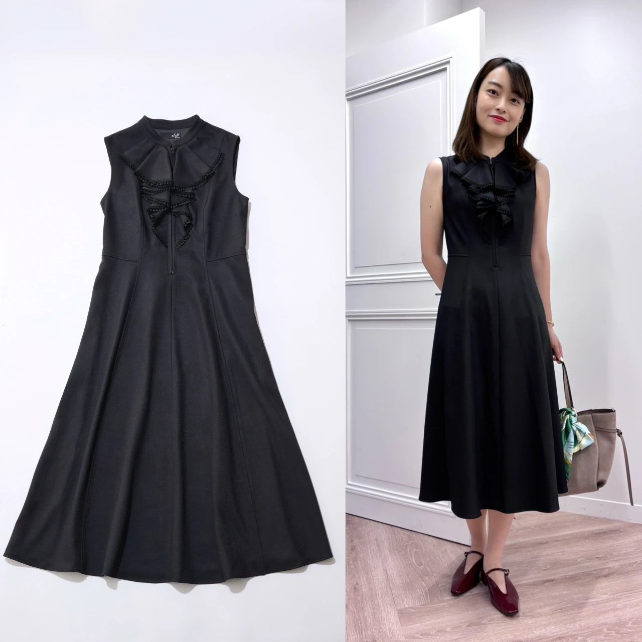 優雅に着映える【ef-dé Black(エフデ ブラック)】のラッフルワンピースが登壇シーンに最適!|好印象が狙える“最旬”登壇服 Vol.15