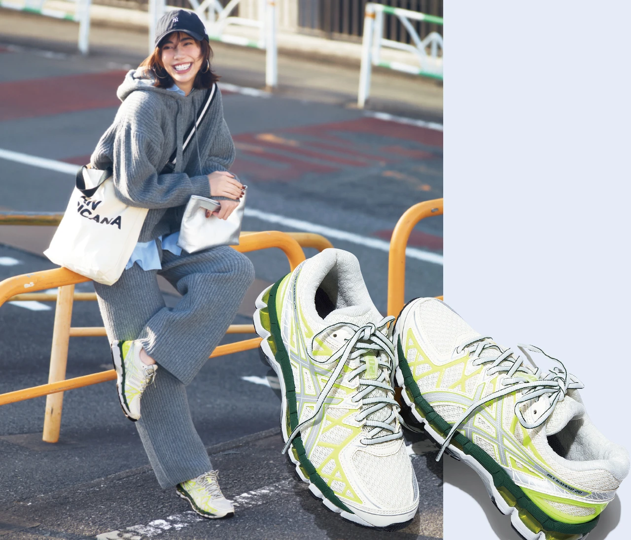 ネオンカラーの「アシックス」スニーカーで、リラクシーな休日コーデをスタイリッシュに格上げ！