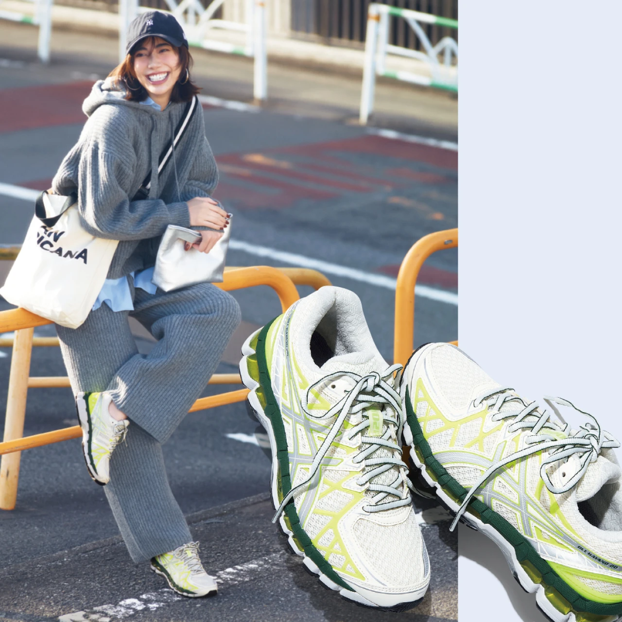 ネオンカラーの「アシックス」スニーカーで、リラクシーな休日コーデをスタイリッシュに格上げ!