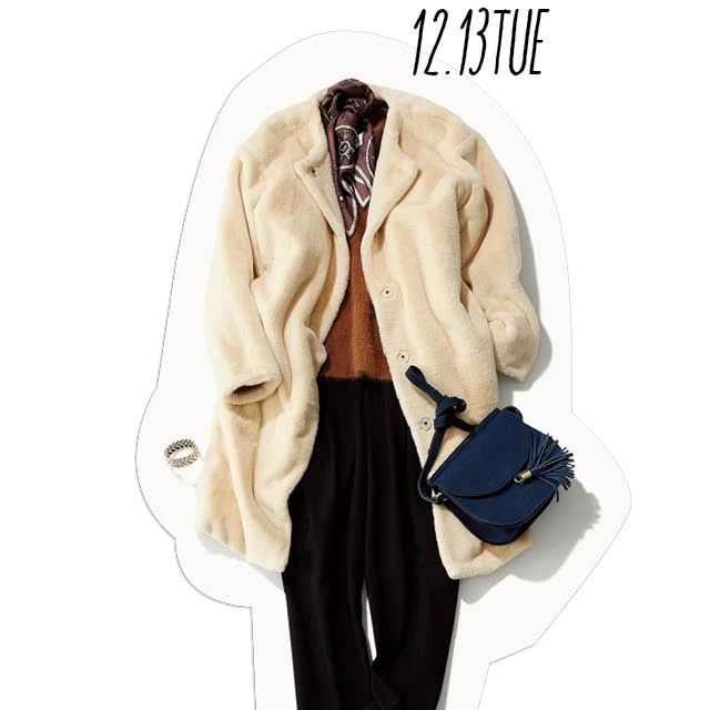 冬のふわもこスタイル。きれいめタックパンツ&スカーフできちんと感を上げて