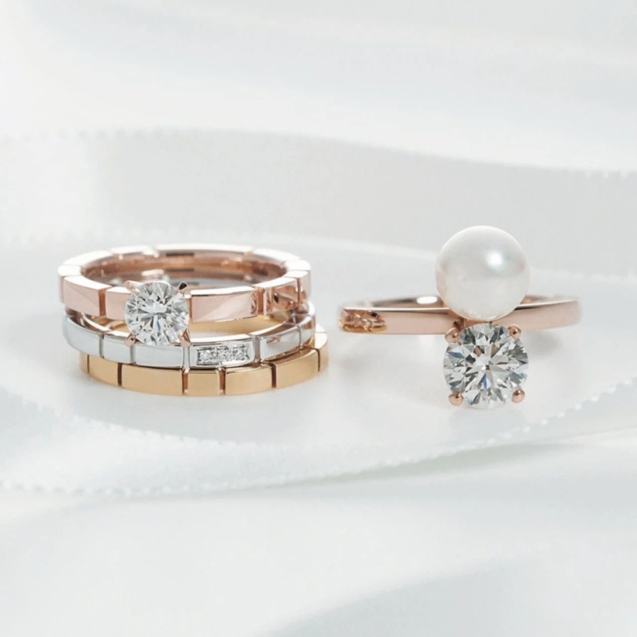 【タサキのブライダルリング】パールとダイヤの異素材ミックスで個性を光らせて!