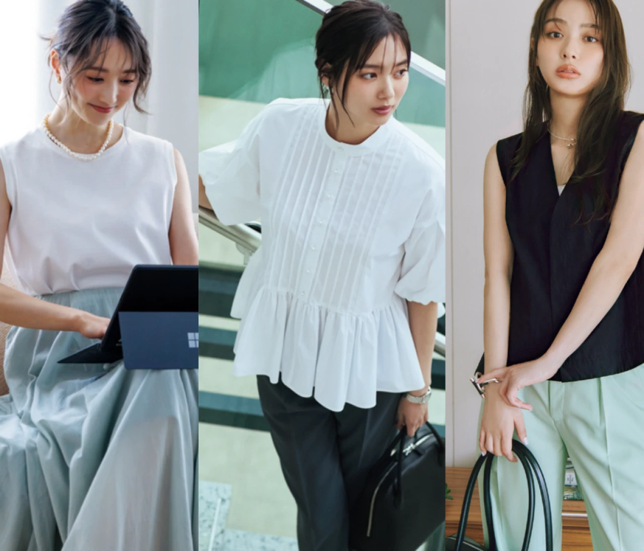 【夏オフィスカジュアル】大人女子の通勤・オフィスコーデ25選！　Tシャツ、ジレ、半袖ジャケットなど夏の着こなしのポイントは？おすすめ優秀バッグもチェック