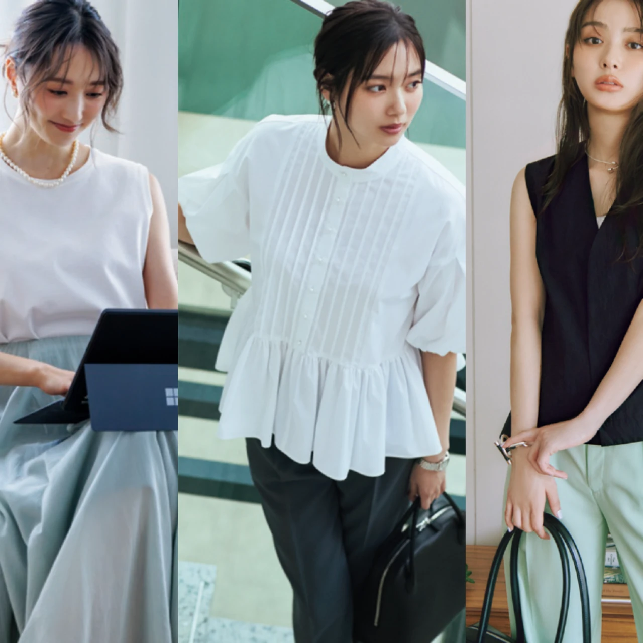 【夏オフィスカジュアル】大人女子の通勤・オフィスコーデ25選! Tシャツ、ジレ、半袖ジャケットなど夏の着こなしのポイントは?おすすめ優秀バッグもチェック