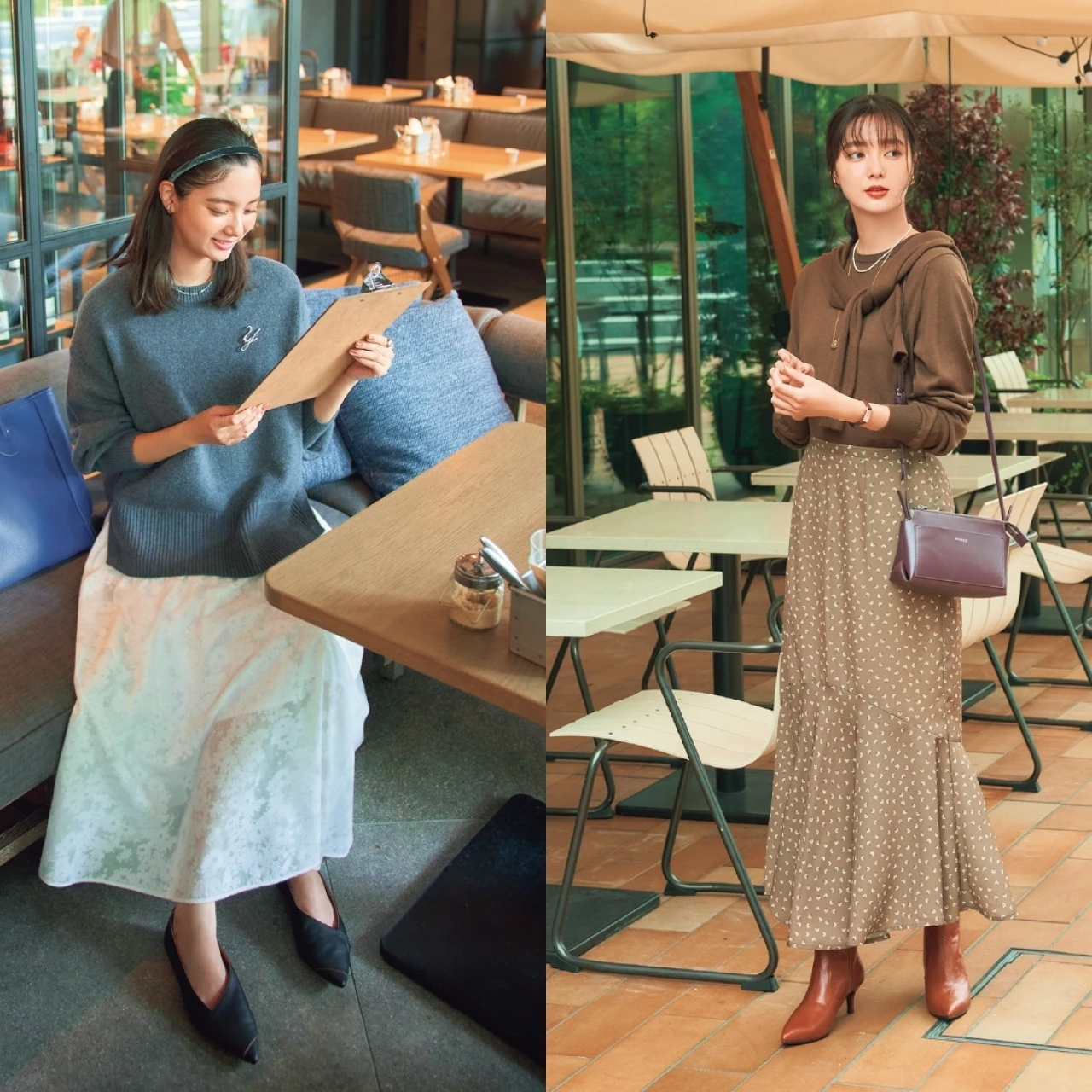 同期とのごはん会では、仕事スタイルのシンプルニットにブローチやネックレスで胸もとを盛って華やかに！