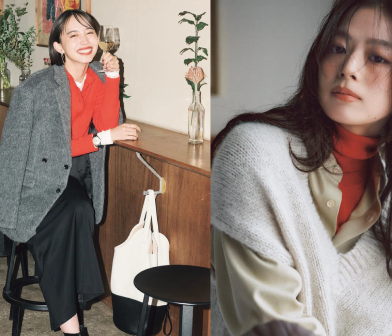 大人女子は1枚でも重ね着でも“赤”を素敵に着こなす。