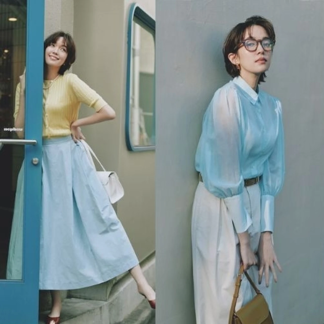 今季の旬色「サックスブルー」で平日も休日も映え確定♡ フェミニンブラウス、フレアスカートコーデ3選