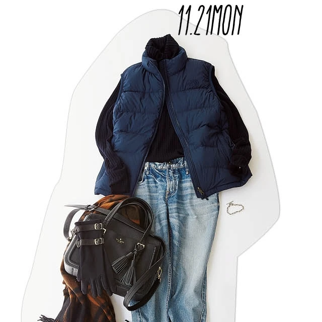 社内では女っぽく♡ 内勤DAYは、楽ちんダウンベストでこなれデニムスタイルを