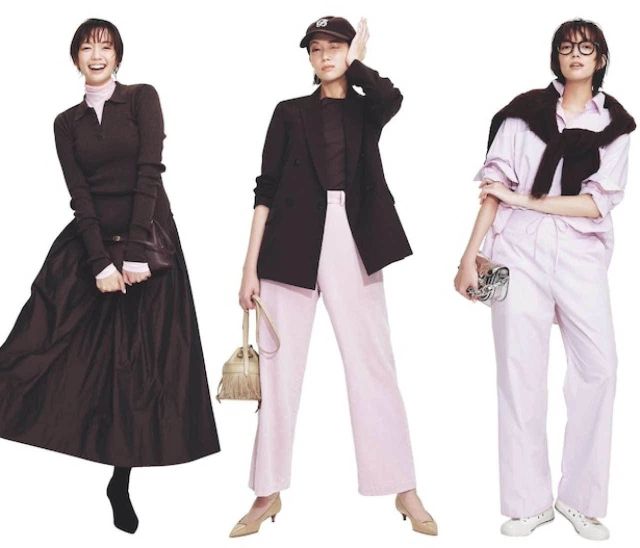 【レディに魅せる最新ブラウン配色】可愛げな薄ピンク合わせでちょうどいい甘辛コーデに