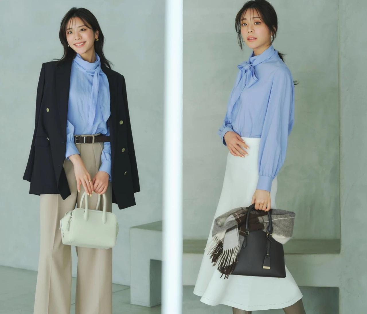 【名品ブラウスのコーデ比較】キーワードは親しみやすさと好感度