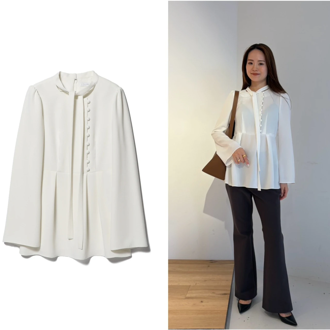 繊細なデザインが好印象♡ 【COLUMN(コラム)】の「サテンペプラムブラウス」が登壇シーンに最適!|好印象が狙える“最旬”登壇服 Vol.27