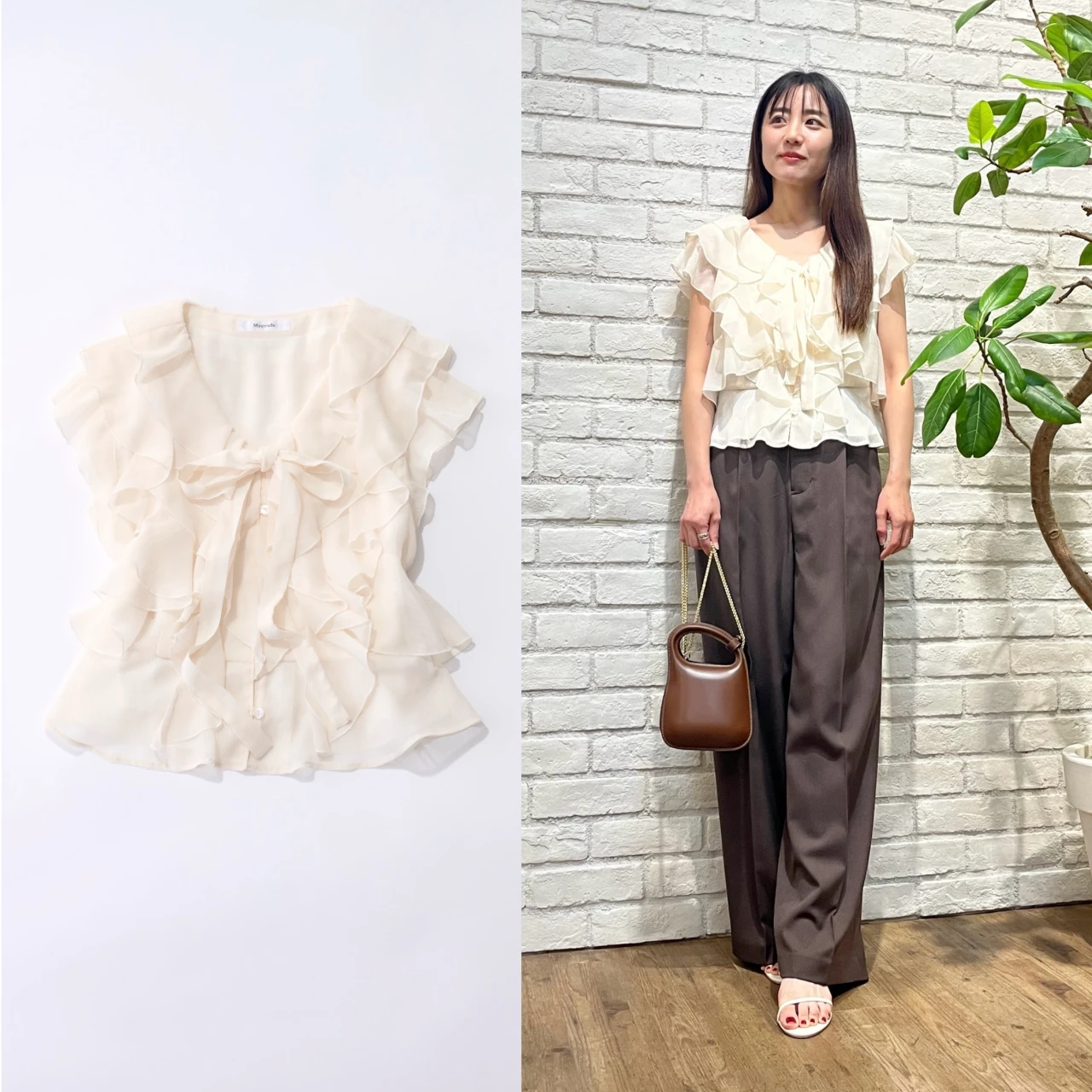 大人に似合う甘めなデザイン【Mystrada(マイストラーダ)】の「シアーフリルブラウス」が登壇シーンに最適!|好印象が狙える“最旬”登壇服 Vol.6