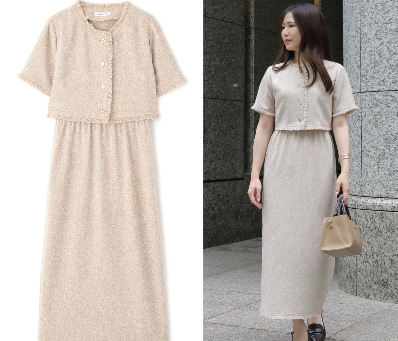 暑い日も快適に着られる【ナチュラルビューティーベーシック】の「ツイードジャケット＆ナローワンピース」が登壇シーンに最適！｜好印象が狙える“最旬”登壇服 Vol.1