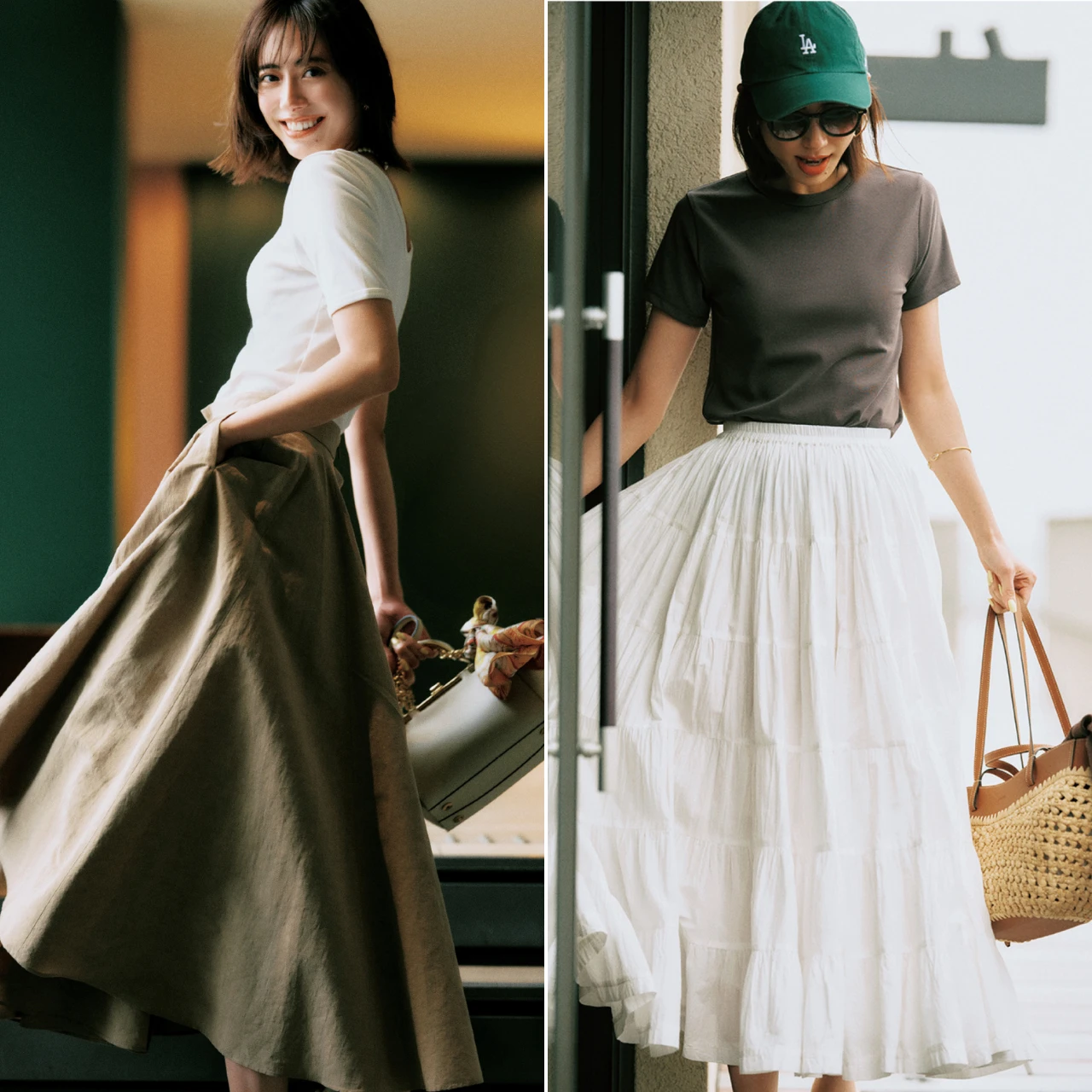 【夏に最適な「ぴた×ふわシルエット」コーデ11選】フレア、レース、サテン…Tシャツスタイルを格上げする「ドラマなスカート」に注目