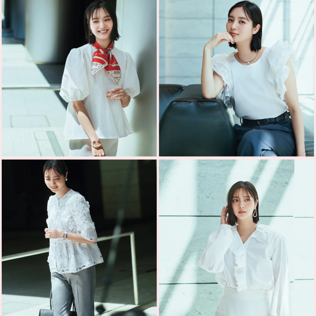 【真夏の通勤 オフィスコーデ 正解は顔映え白トップス】視線を引き寄せる「フリル」&「立体素材」トップス4選