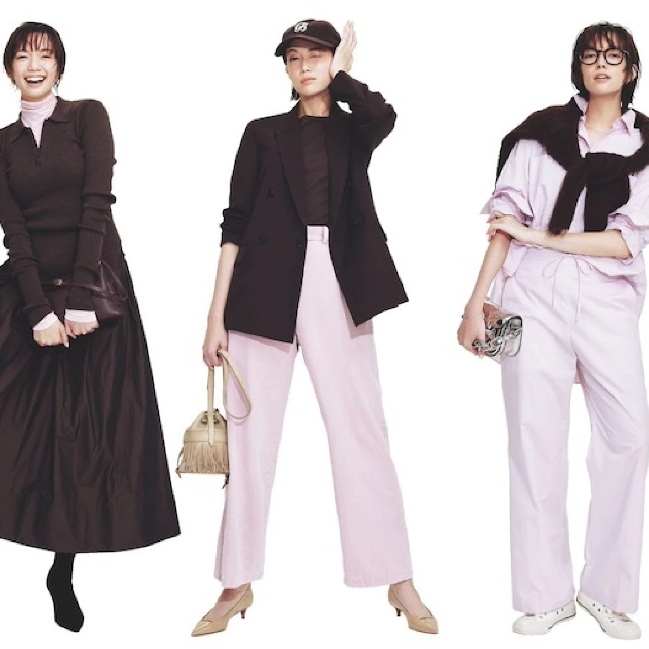 【レディに魅せる最新ブラウン配色】可愛げな薄ピンク合わせでちょうどいい甘辛コーデに