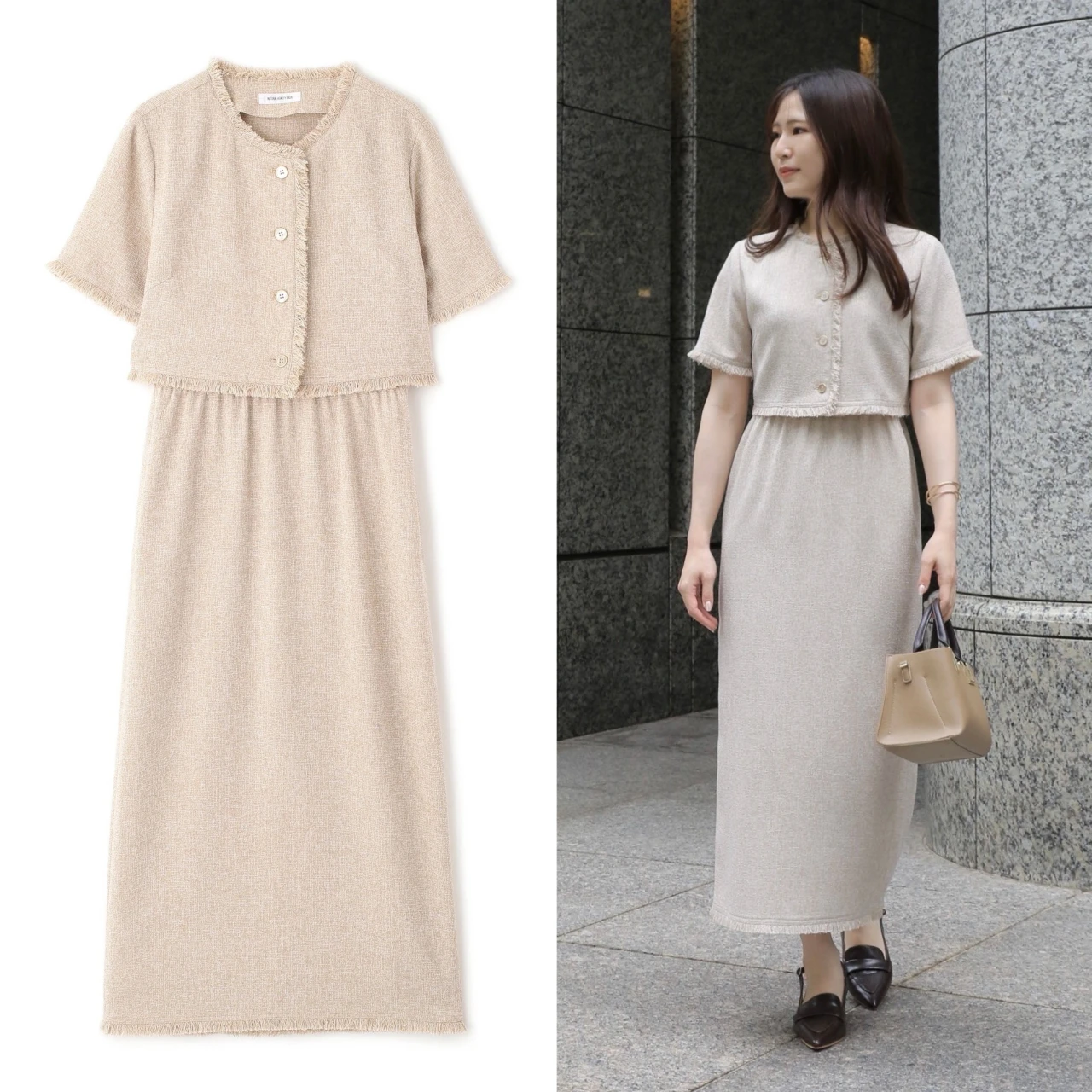 暑い日も快適に着られる【ナチュラルビューティーベーシック】の「ツイードジャケット&ナローワンピース」が登壇シーンに最適!|好印象が狙える“最旬”登壇服 Vol.1