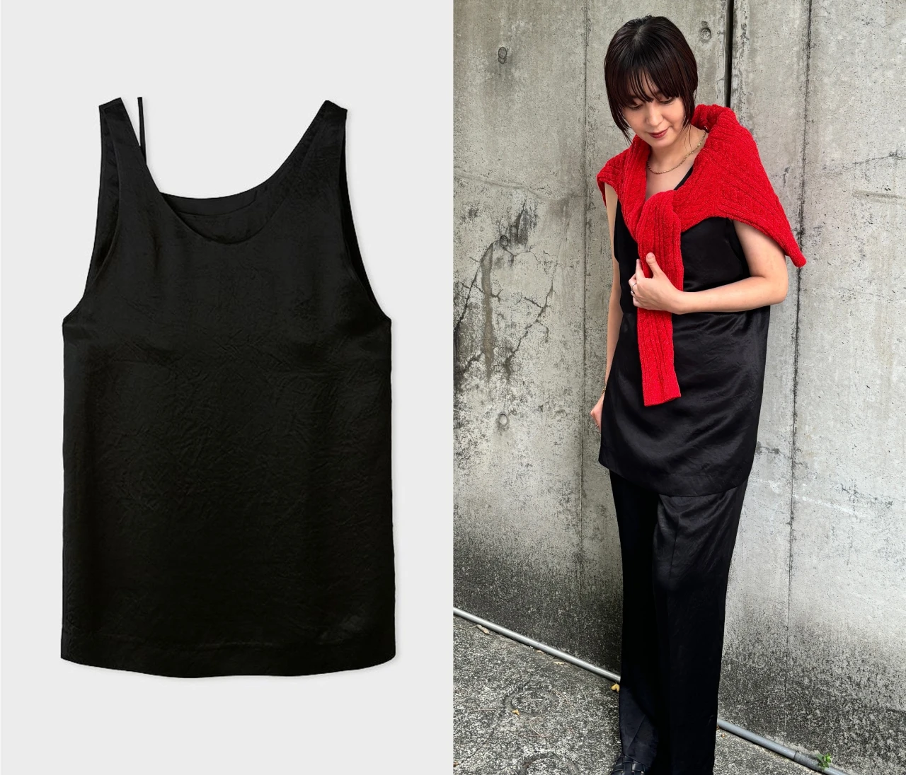 一枚で洒落感アップ! 【MIESROHE(ミースロエ)】の「サテンレイヤードノースリTOPS」が登壇シーンに最適!|好印象が狙える“最旬”登壇服 Vol.13