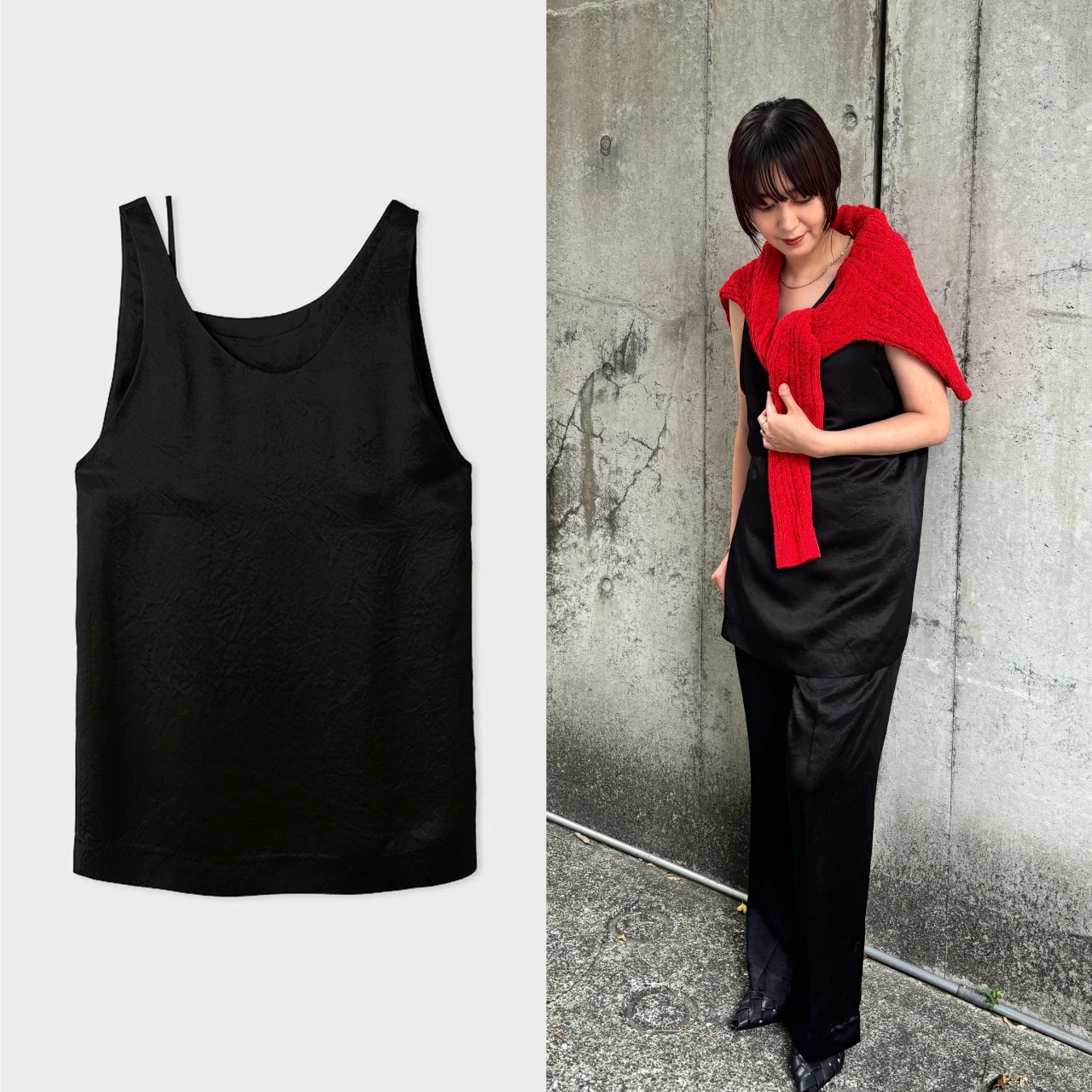 一枚で洒落感アップ! 【MIESROHE(ミースロエ)】の「サテンレイヤードノースリTOPS」が登壇シーンに最適!|好印象が狙える“最旬”登壇服 Vol.13