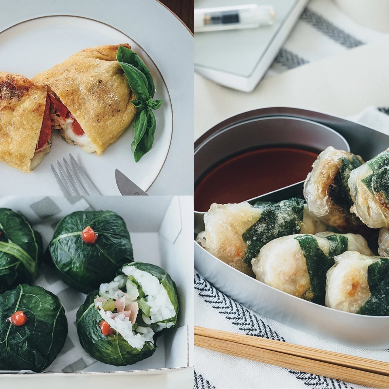 【お弁当でも自宅でも！包む昼食レシピ3品】ライスペーパーのにら饅頭風、簡単カルツォーネ、香り包みおにぎりを午後の活力に