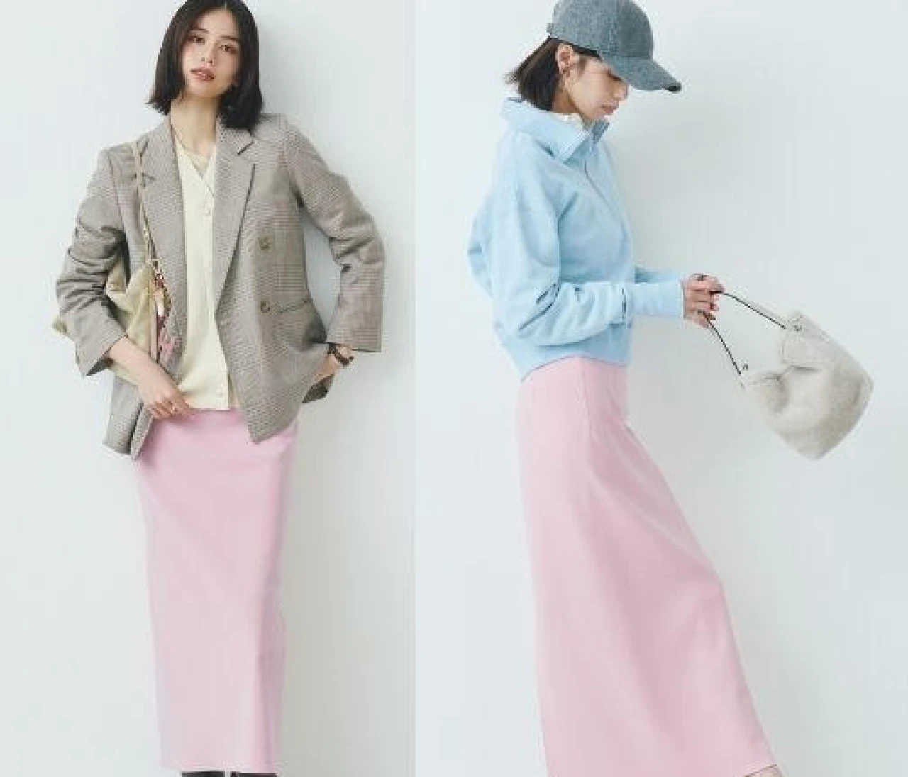 【パウダーピンクのスカート着回し3コーデ】ベージュ感覚ではける大人の品格ピンクで冬服のマンネリ打破