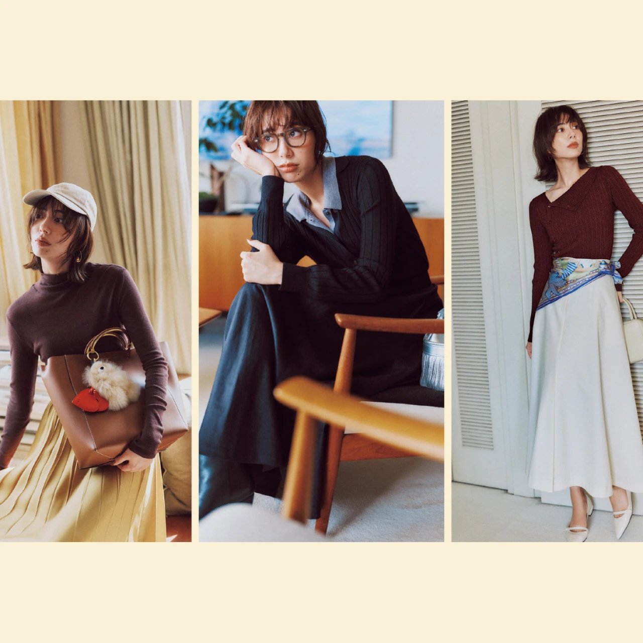 【ぴたニット×ふわスカート】定番ワンツーコーデを盛り上げる「アクセント小物」3選