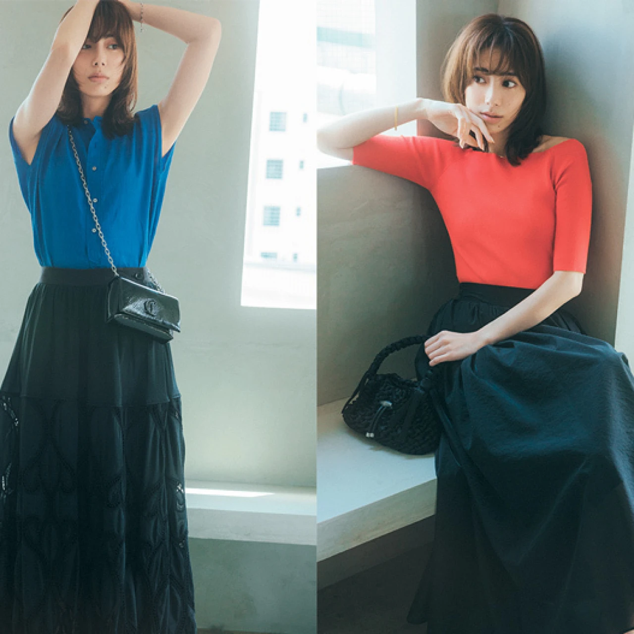 【この夏、トップスは“遊び色”が正解】ビビッドな夏色トップスはダークなボトムスで引き締めて