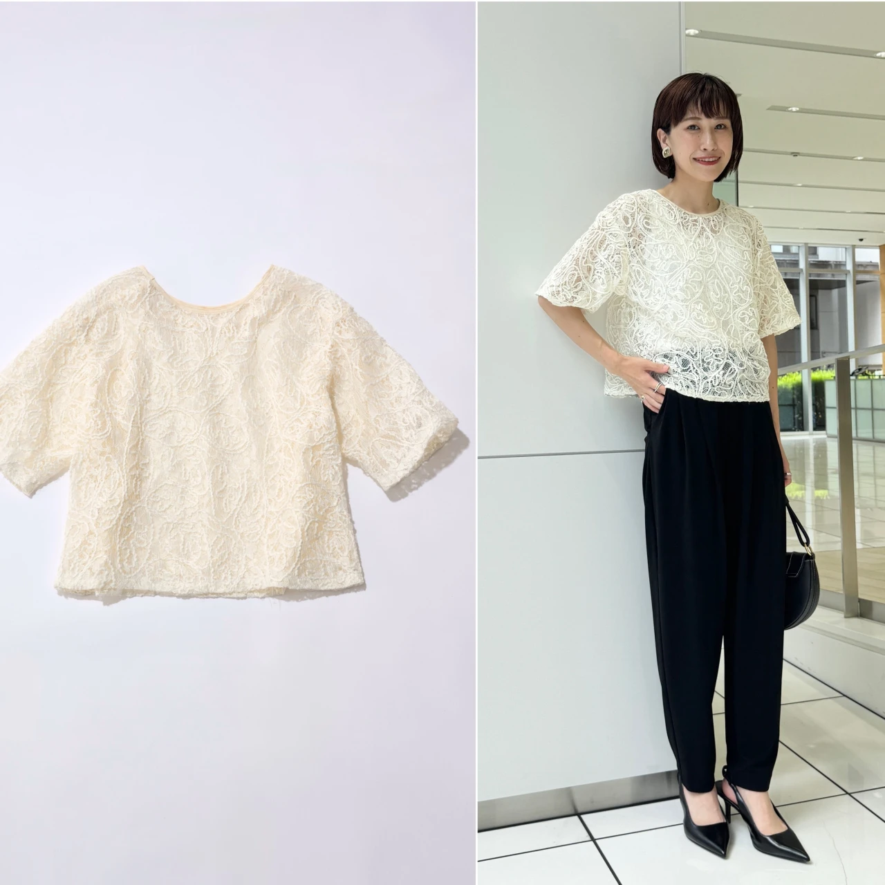 顔まわり華やぐ【BIANCA(ビアンカ)】の「洗えるレースブラウスT」が登壇シーンに最適!|好印象が狙える“最旬”登壇服 Vol.3