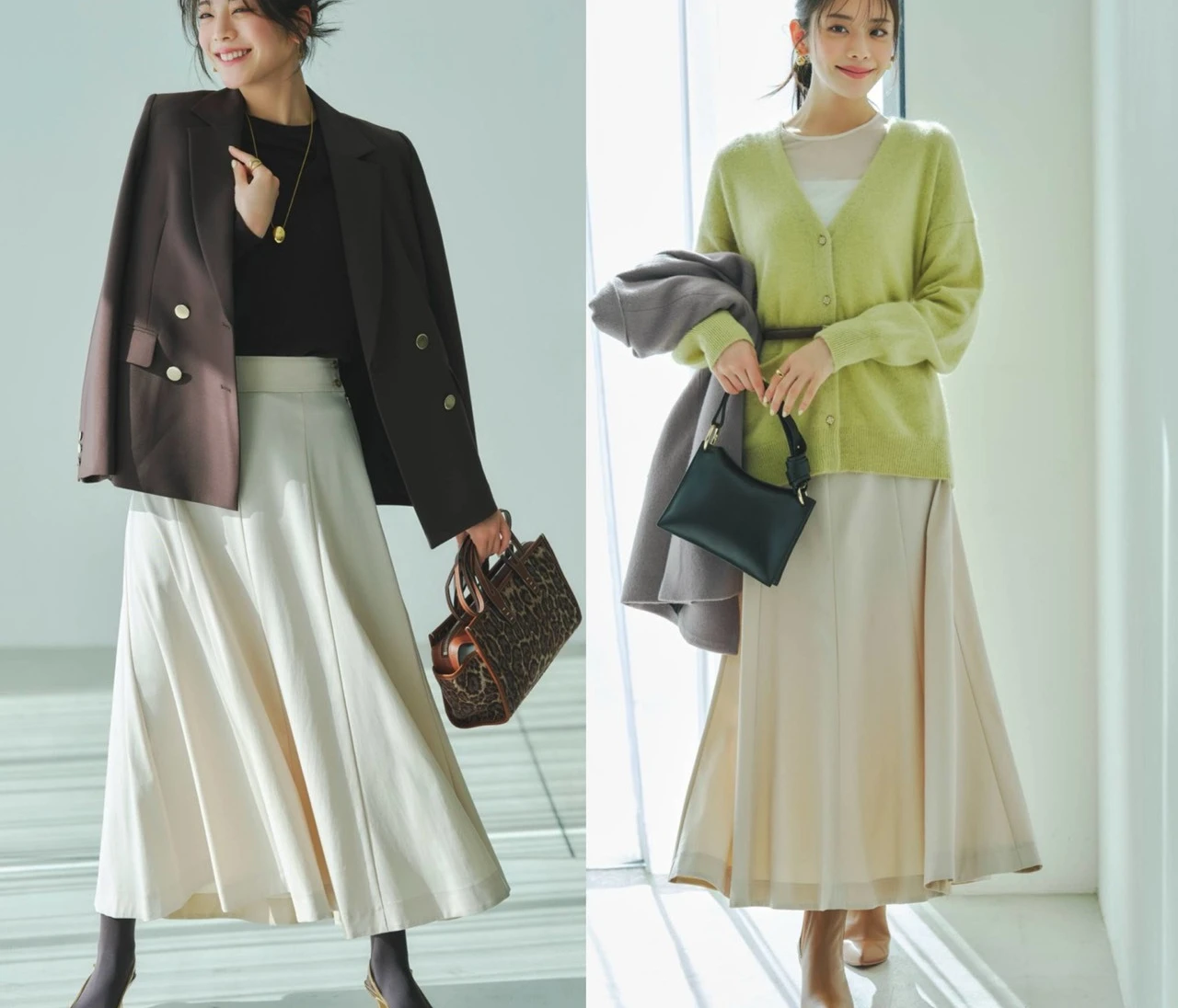 【優秀通勤ワードローブ・名品スカート】仕事終わりの予定でコーデ比較！ おしゃれな女友だちとの女子会or気になる彼との2度目のデート