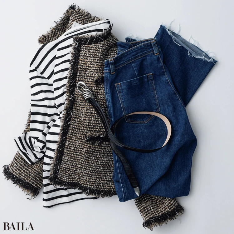 流行のビッグベルトはワントーンコーデにさらっと投入