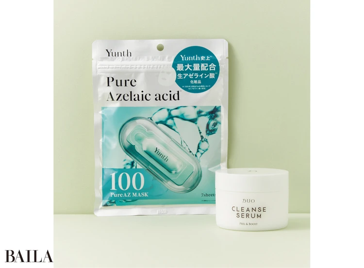 (右)デュオ クレンズセラム ピール&ブースト 90g ¥4620/プレミアアンチエイジング (左)ピュアAZマスク 7枚 132㎖ ¥880/ユンス(4/1発売)