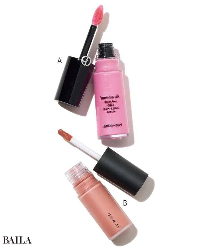 ルミナス シルク チーク ティント シャイン 53S ￥7480／アルマーニ ビューティ　　ニュアンス チーク フリュイド 01 ￥3300／OSAJI