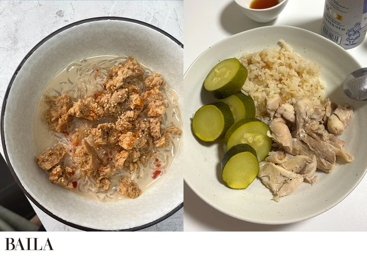 「ある日の昼ごはんです。豆乳そぼろ麺は糸蒟蒻を使用。ちゃんとお肉や野菜を摂りたいときは、前日作ったカオマンガイを食べることもあります」(水谷さん)