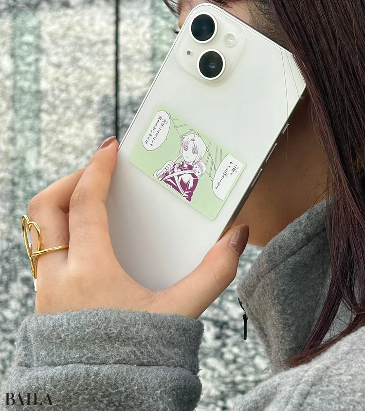 BAILA2・3月合併号の付録『銀魂ステッカー』のコジコジと次郎の名言をスマホに貼った様子