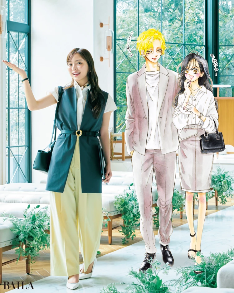 《Day1》清涼感ときちんと感を両立した ＂涼きちんと服”で式場を案内。爽やかなお二人にお似合いの 緑に囲まれたチャペルはいかがでしょう？