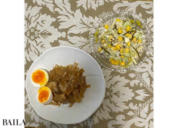 「そして、夜ご飯のおかずにします。酢キャベツ、肉炒め、ゆで卵など。タンパク質を多めにしていました」（山田さん）