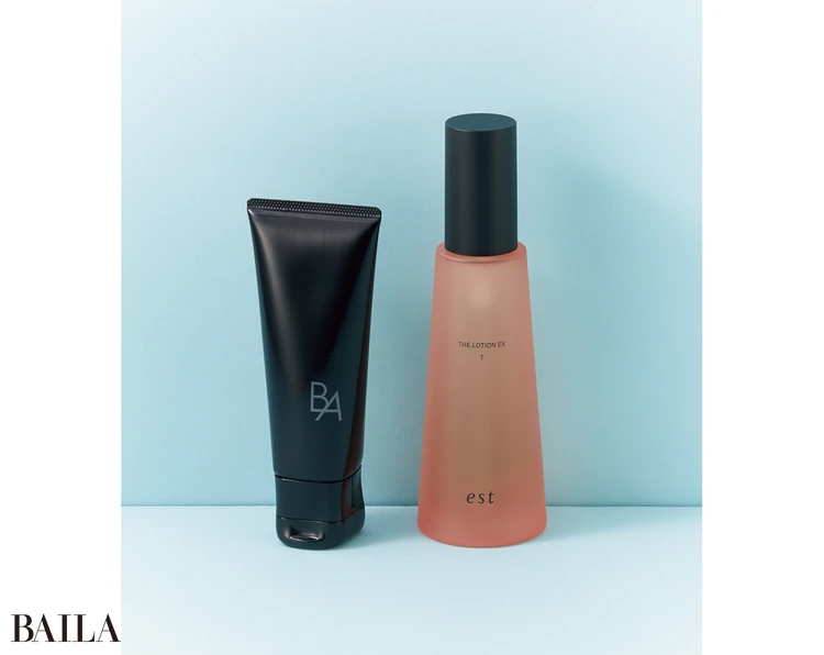 (右)エスト ザ ローション EX T 140㎖ ¥6930/エスト (左)B.A ウォッシュ 100g ¥12100/ポーラ